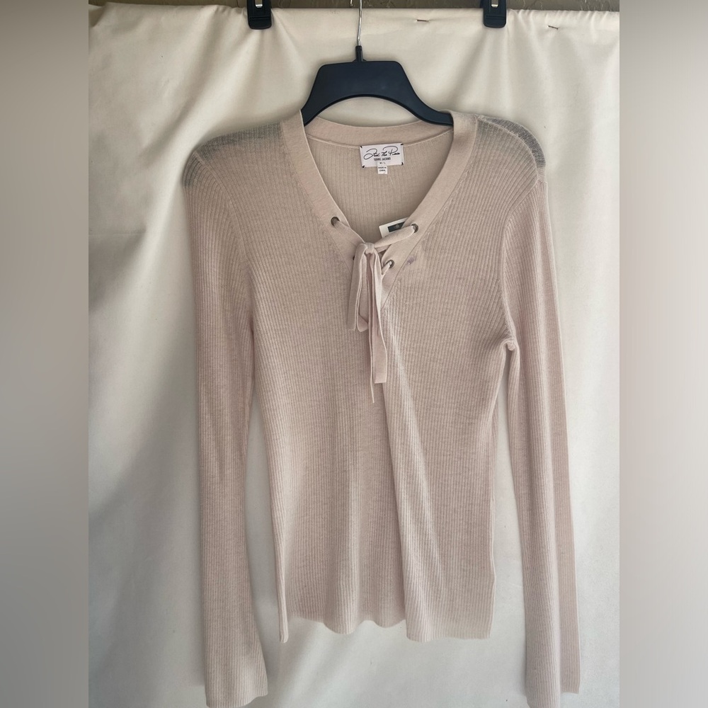 NWT Terre Jacobs Feel The Piece $385  Bone 100%cashmere tie front sweater M/ L